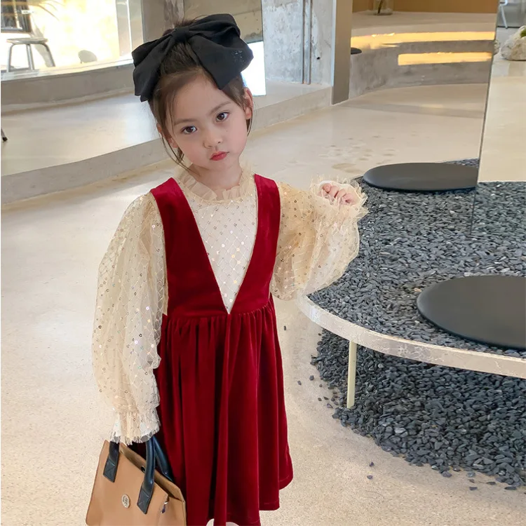 

Girl Dress Spring Autumn Bubble Sleeve Dress Princess Velvet Skirt Cute Lovely Knee Length Cotton Lace Kids Dresses for Girls