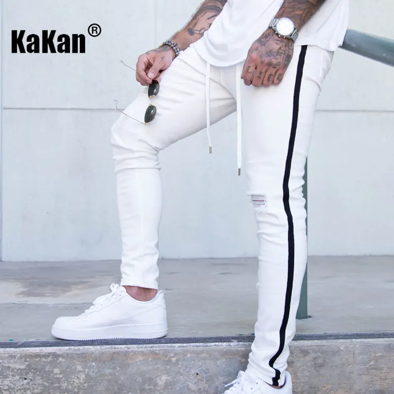 Kakan - Torn White Slim Zippered Men's Jeans, Popular In Europe and The United States, New Fashion Pants Jeans K016-1922
