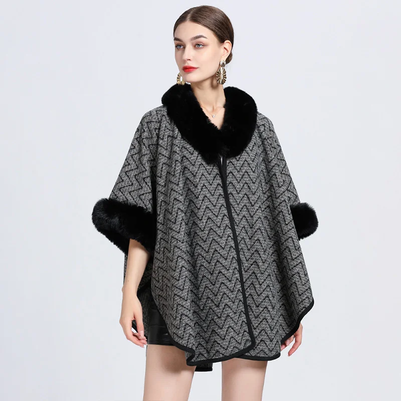 

#1153 Black Beige Kkahki Plaid Knitted Woolen Batwing Cape Coat Women Vintage Cardigan Ponchos And Capes Fur Collar Warm Winter