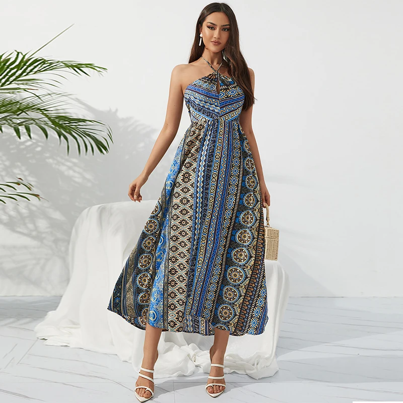 

2022 Woman Fashion Summer Colorful Sexy Halter Neck Long Dress Casual Female Sleeveless Clothing Chiffon Maxi Dress