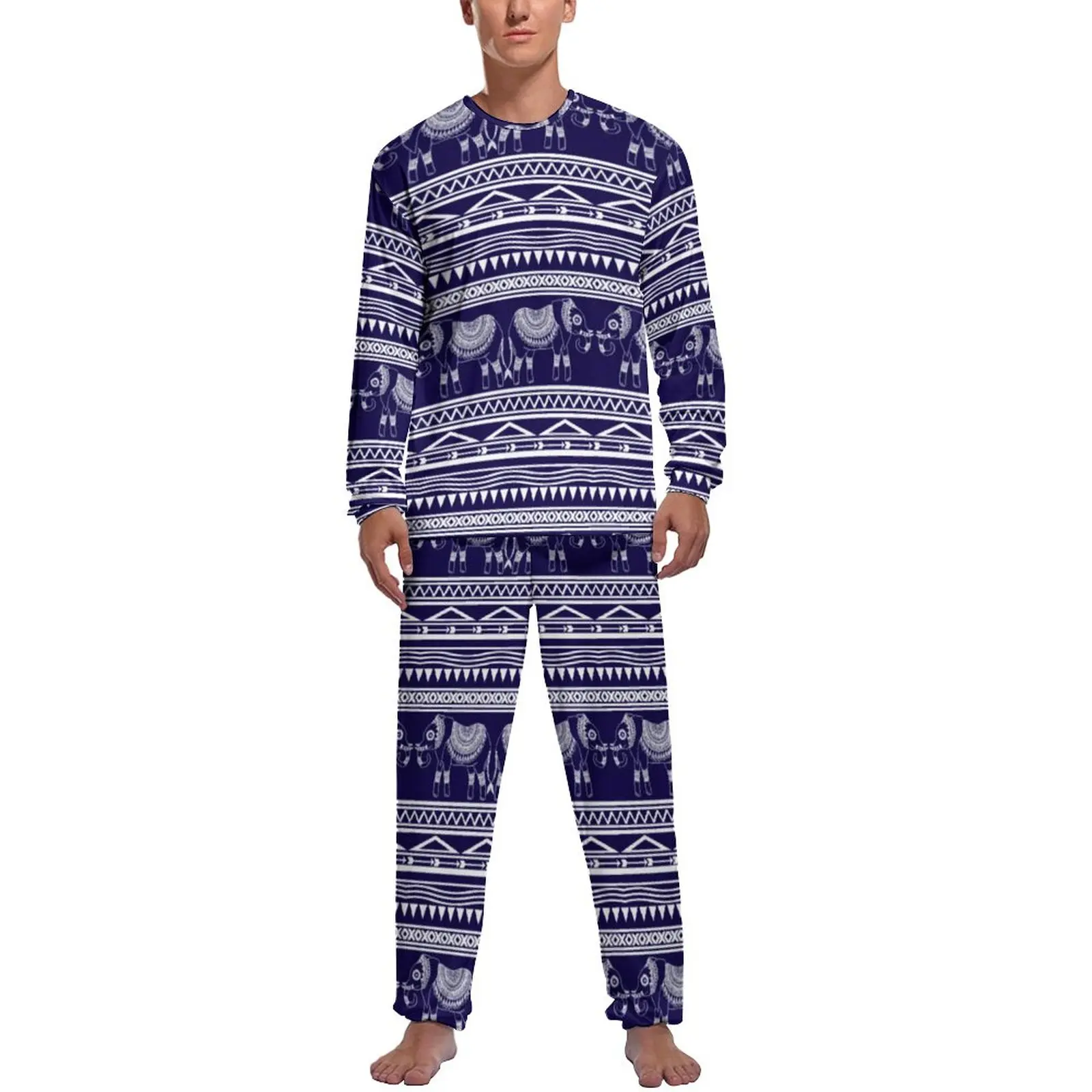 Blue Elephant Pajamas Long Sleeve Retro Tribal Animal 2 Piece Leisure Pajama Sets Winter Men Design Warm Nightwear