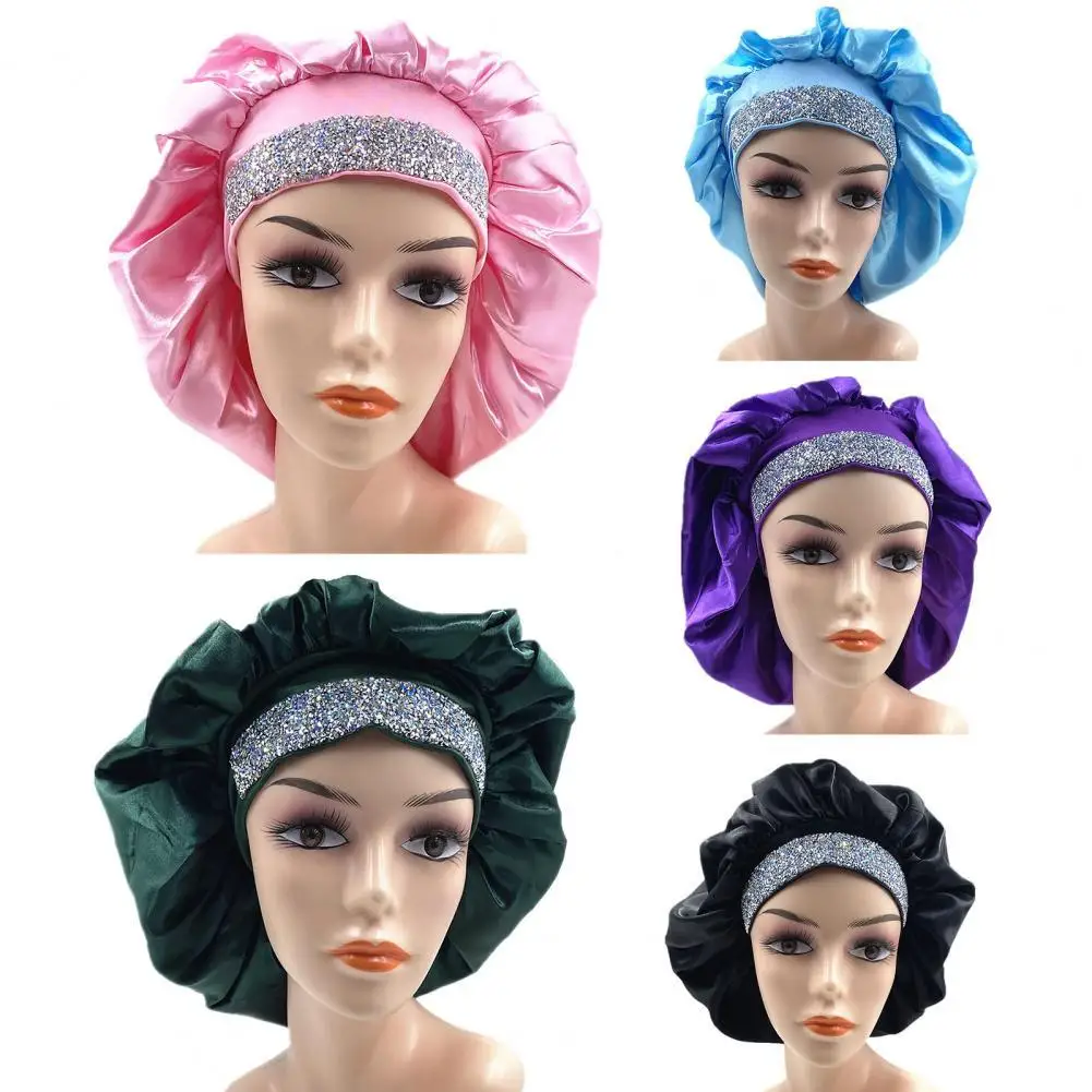 

Newly Satin Rhinestone Sleeping Women Hat Night Sleep Cap Hair Care Salon Makeup Headband Muslim Hijab Head Cover Bonnet Hat