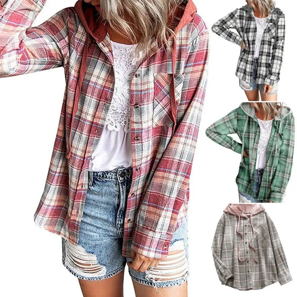 

Women Coat Plaid Single-breasted Hooded Pocket Spring Shirt for Daily Wear