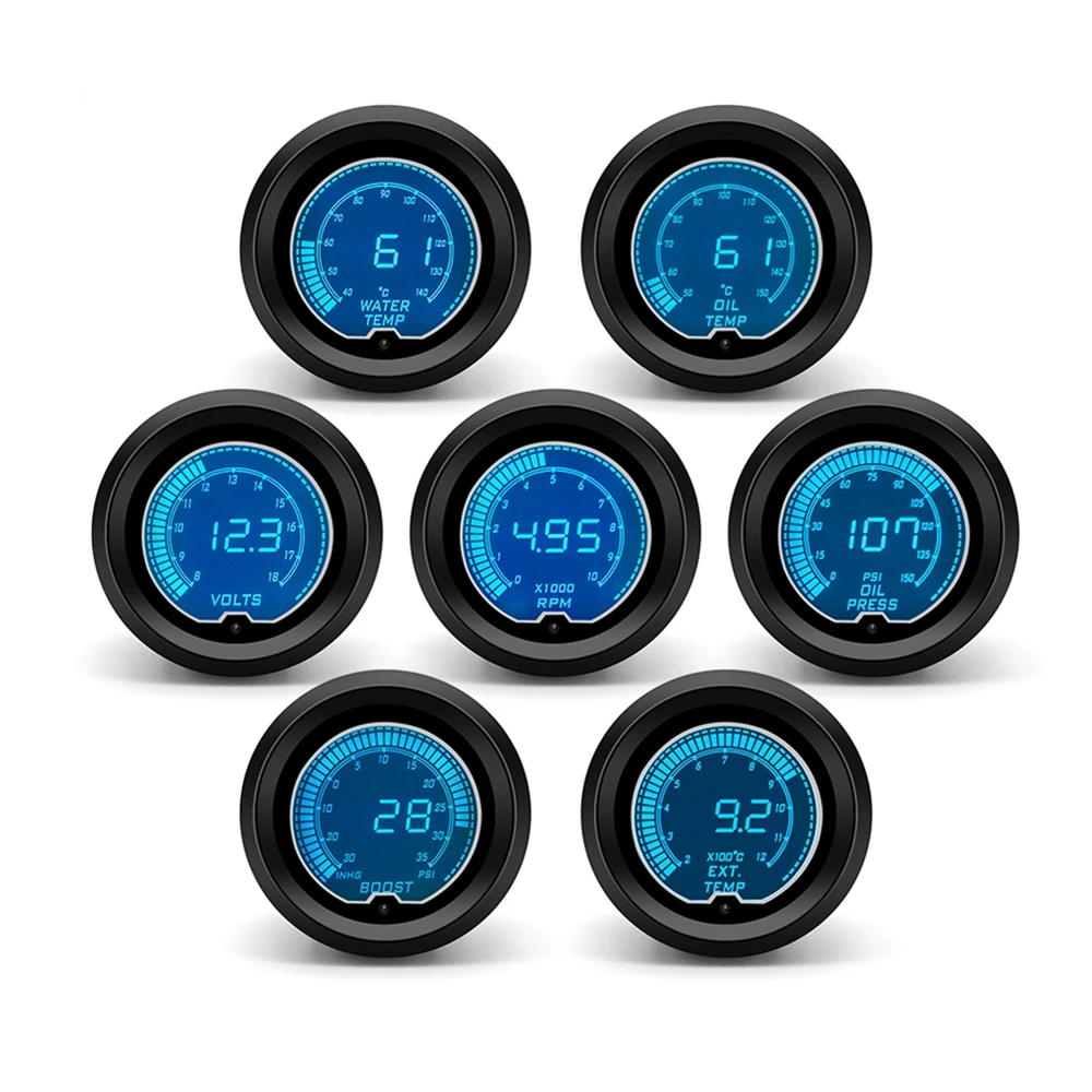 52mm Tachometer RPM Boost Water Temp Oil Temp Oil Pressure Exhaust Temp Gauge Voltmeter LCD Digital Display 7 Colors Car Gauge