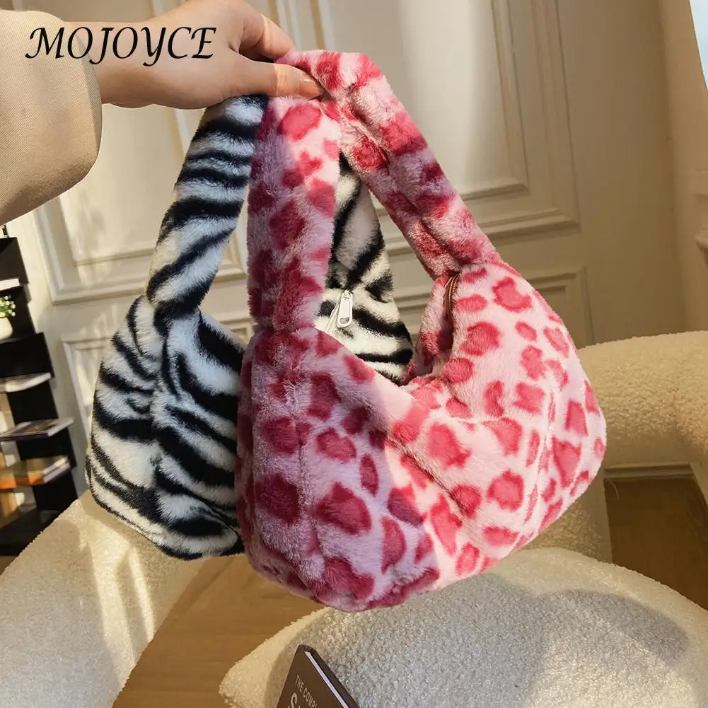 

Leopard/Zebra Print Bags for Women Soft Plush Shoulder Bags Female Travel Bag Winter Warm Fluffy Totes Handbag