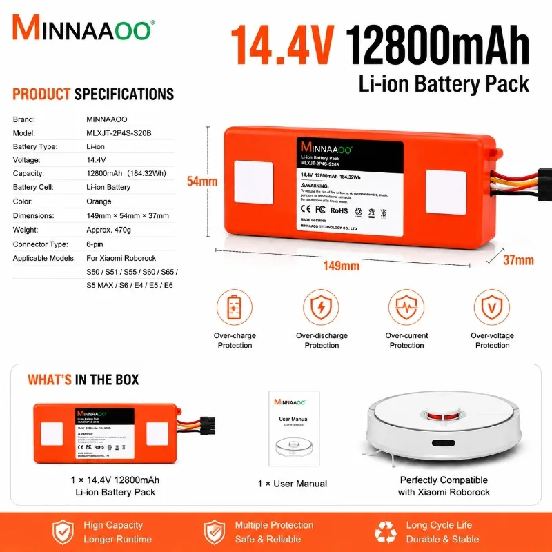 Фото Литий-ионный аккумулятор MINNAAOO 14,4 В, 12800 мАч для роботов-пылесосов Xiaomi Roborock S50 S51 S55 S60 S65 S5 MAX S6, замена №5