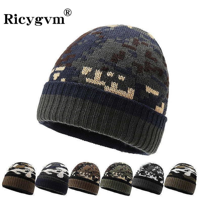 

Men Thick Plush Beanie Fashion Camouflage Knitted Hat Male Winter Warm Ear Protection Melon Cap Faux Fur Bonnet casquette homme