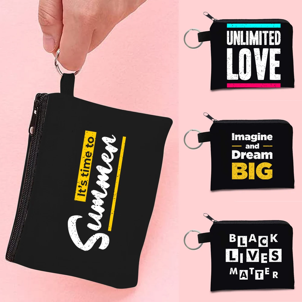 

Mini Women Coin Wallet Keyring Zipper Small Pack Phrase Pattern Makeup Bag Ladies Card Holder Handbag Canvas Shopping Purse