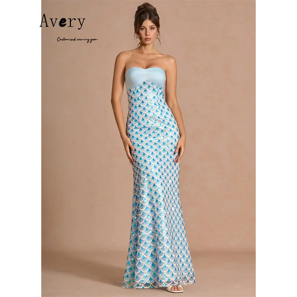 Фото Элегантное блестящее вечернее платье Avery Custom Sweetheart Fishtail небесно-голубого цвета, роскошное праздничное платье 2026 года для женщин, для свадебных торжеств №1