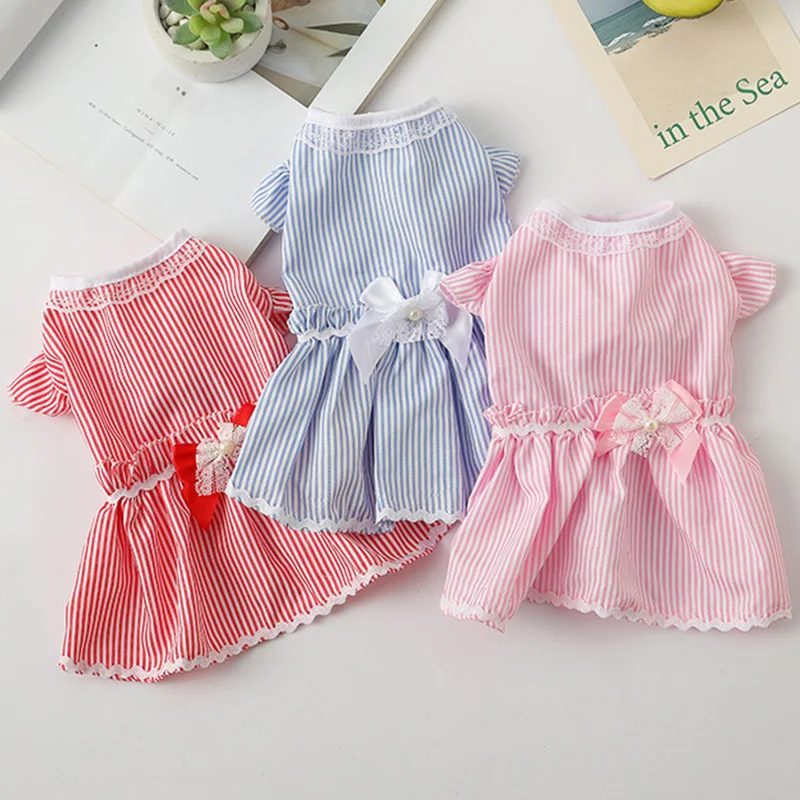 

Summer Thin Cat Striped Dress Lace Pet Skirt Cute Bow Knot Pet Dress Pet Wedding Dress Dog Clothes