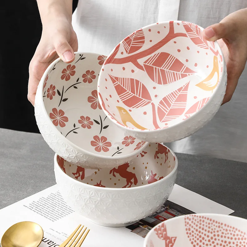 

6-inch tableware Japanese hand-painted relief ceramic underglaze color household restaurant rice bowl Ramen soup bowl