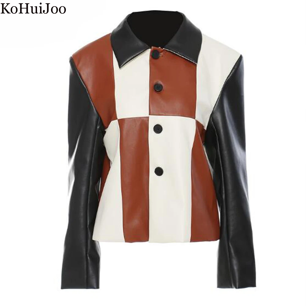 KoHuiJoo Autumn Woman Jackets Personality Patchwork Contrast Color British Style PU Leather Coat Baseball Motorcycle Jacket 2022