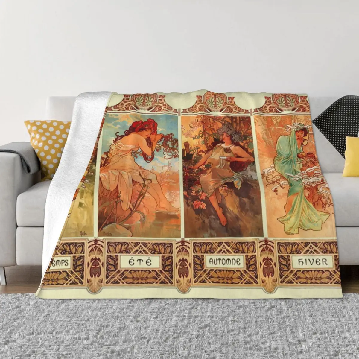 

Alphonse Mucha Four Seasons Art Nouveau Blanket Coral Fleece Plush Spring/Autumn Warm Throw Blankets for Bed Travel Plush Quilt