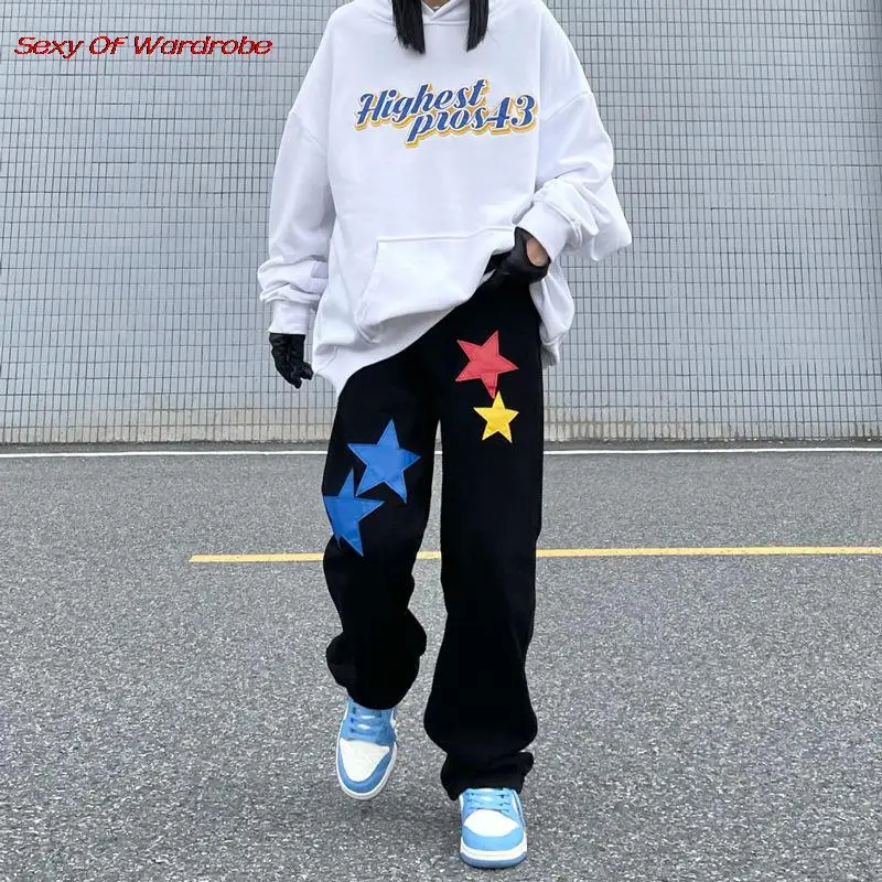 

2022 American Fashion Retro Street Wash Jeans Star Decal High Waist Straight Pants Wide Legs Hip Hop Pants Men And Women Slacks