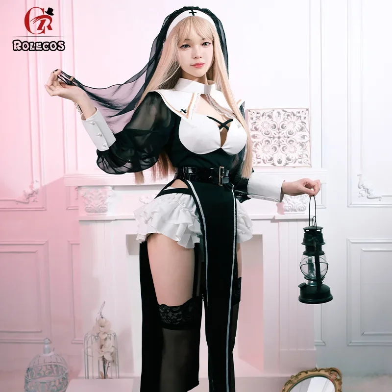 ROLECOS монахиня косплей костюм женская униформа комплект-вечеринка Хэллоуин наряд
