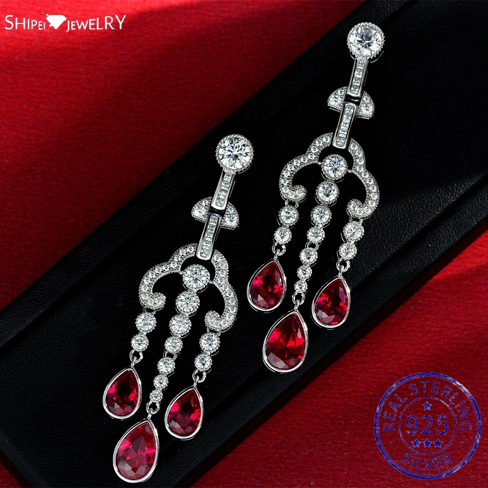 

Shipei Vintage 925 Sterling Silver Pear Ruby Created Moissanite Diamonds Gemstone Drop Dangle Earrings Fine Jewelry Wholesale