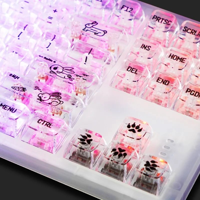 

Хрустальная прозрачная клавиатура MDA из поликарбоната, полностью прозрачная механическая клавиатура, игровая клавиатура с подсветкой, с мультяшным кроликом и гравировкой спереди, клавиатура ISO Enter