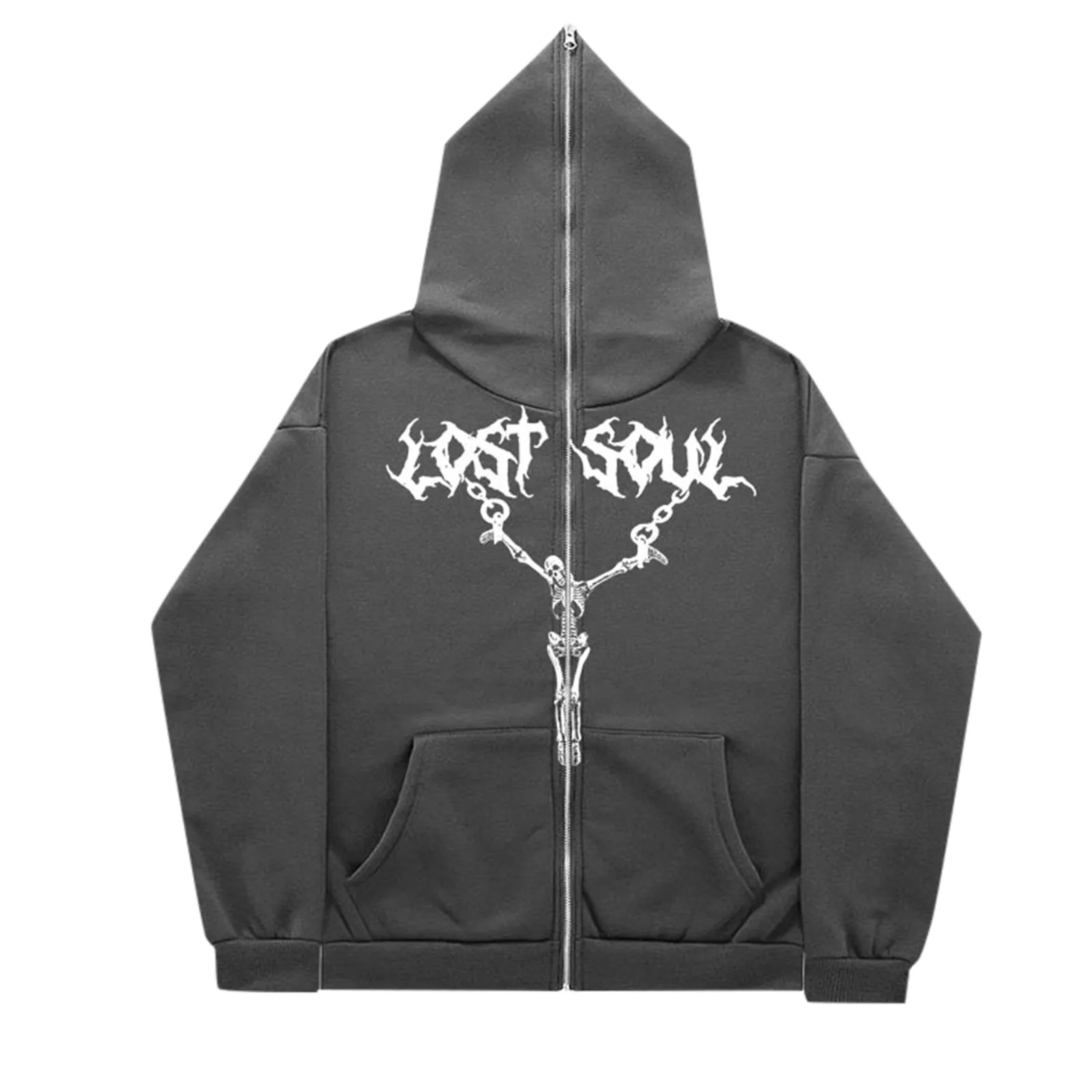 

Gothic Skull Print Sweatshirt Coat Tops Oversizeed Full Face Zipper Sweater Pocket Retro Hoodie Autumn Y2k Fleece Jacket Coat