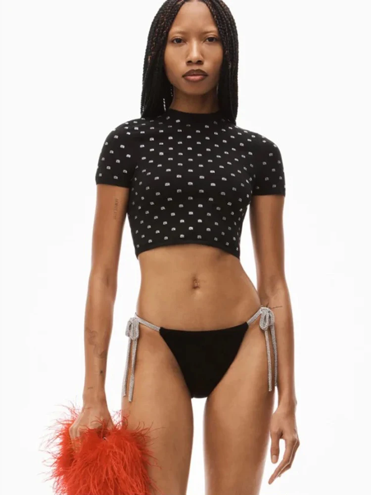 

Spring Summer 2023 y2k clothes knitted short sleeve studded crew neck t-shirt + a-line neck t-shirt full of diamonds top women