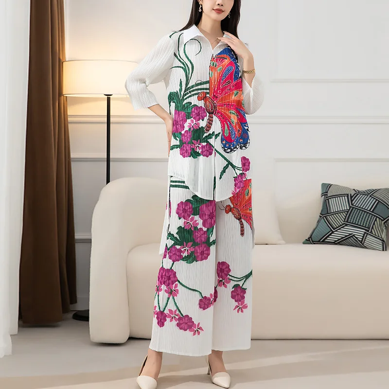 Women's printed blouse for Fall 2022 Miyak fold Fashion baggy plus-size long top + high-waisted straight pants
