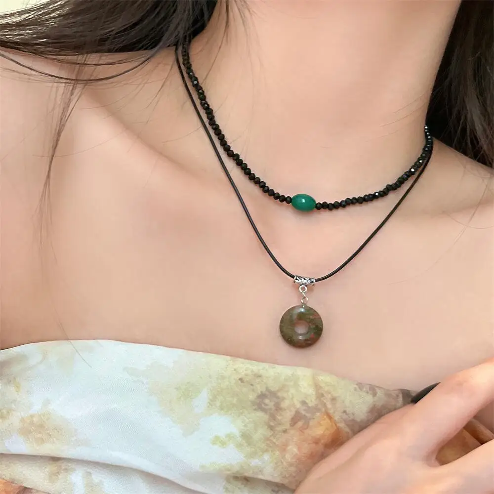 

Chinese Style Vintage Double Layer Lucky Buckle Pendant Necklaces Beads Chains Choker Set New Fashion Jewelry for Women Gift