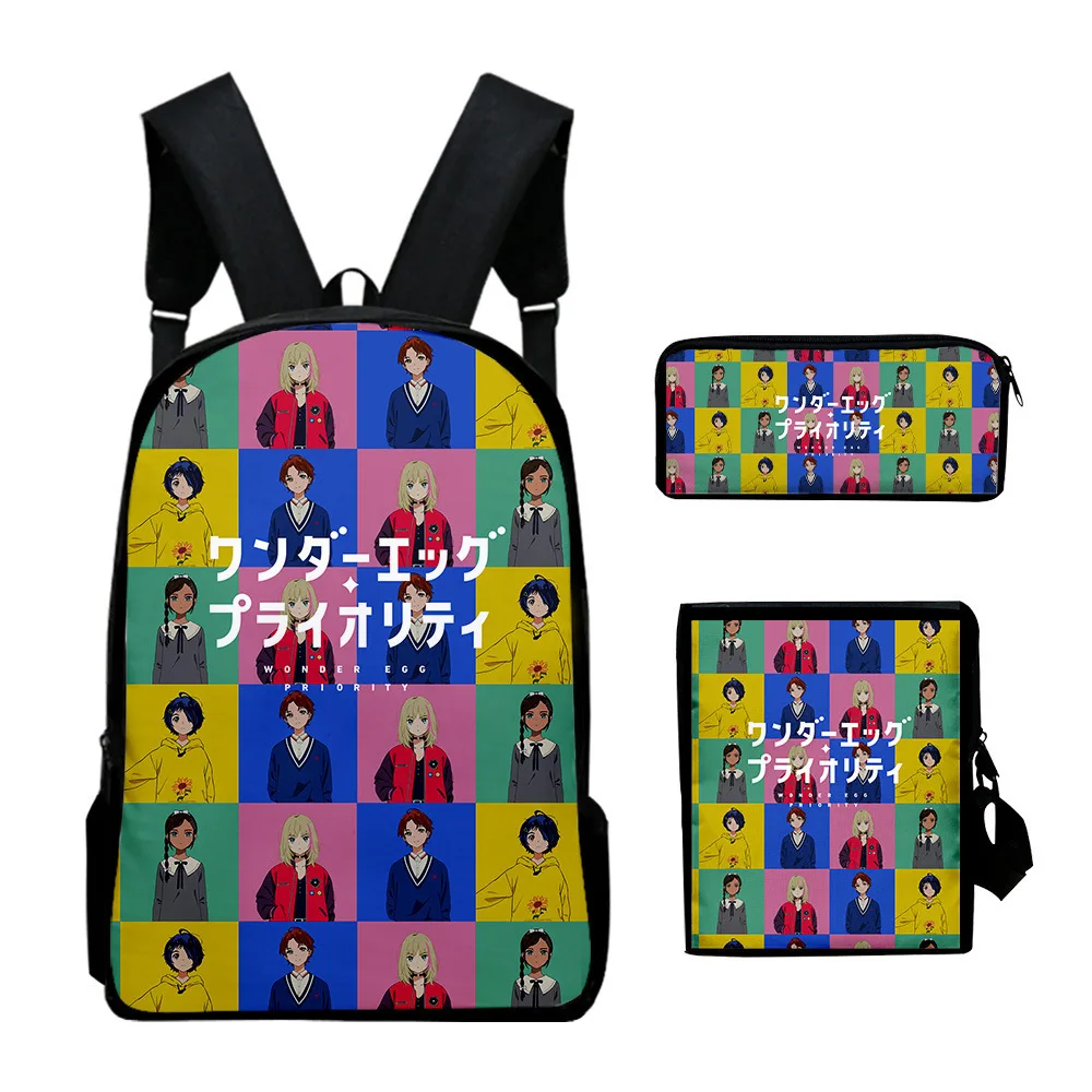 

Popular WONDER EGG PRIORITY 3D Print 3pcs/Set pupil School Bags Laptop Daypack Backpack Inclined shoulder bag Pencil Case
