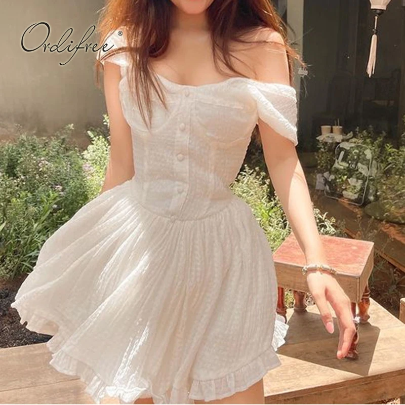 

Ordifree 2022 Summer Women Short Corset Dress Off Shoulder White Sexy Fashion Beach Wear Ruffle Mini Dress