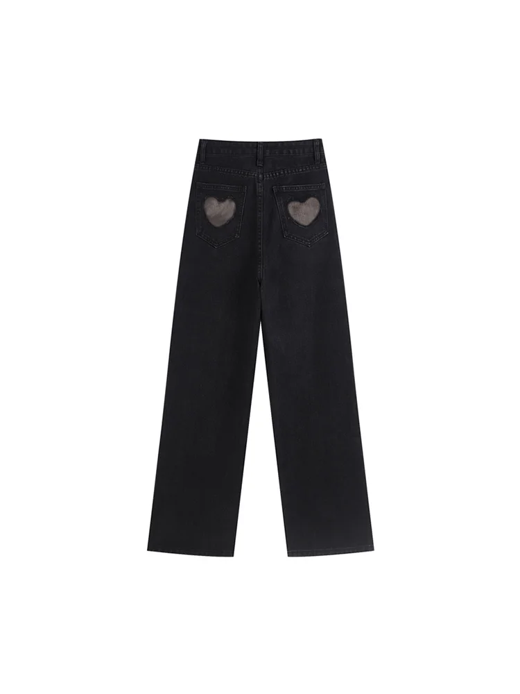 

New High Waist Women Black Jeans Heart-shaped Streetwear Wide Leg Jean Female Denim Trouser Straight Baggy Mom Denim Pants