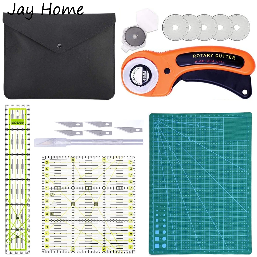 45mm Rotary Cutter Sets with Replacement Cutter Blades & Cutting Mat & Carving Knife & Patchwork Ruler for Sewing and Leather