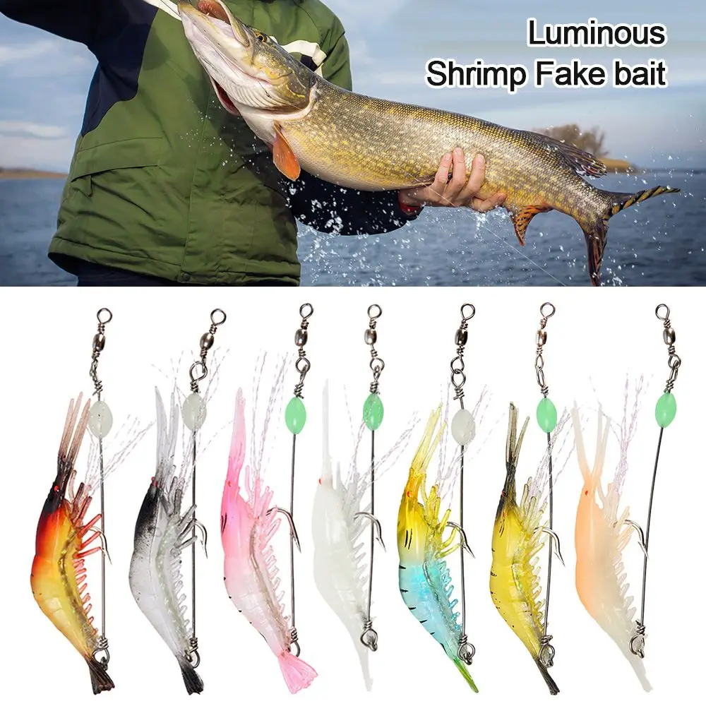 

7pcs 8cm 6g Luminous Fake Shrimp Soft Silicone Artificial Bait with Bead Swivels Hook for Fishing Rig Fishing Tackle
