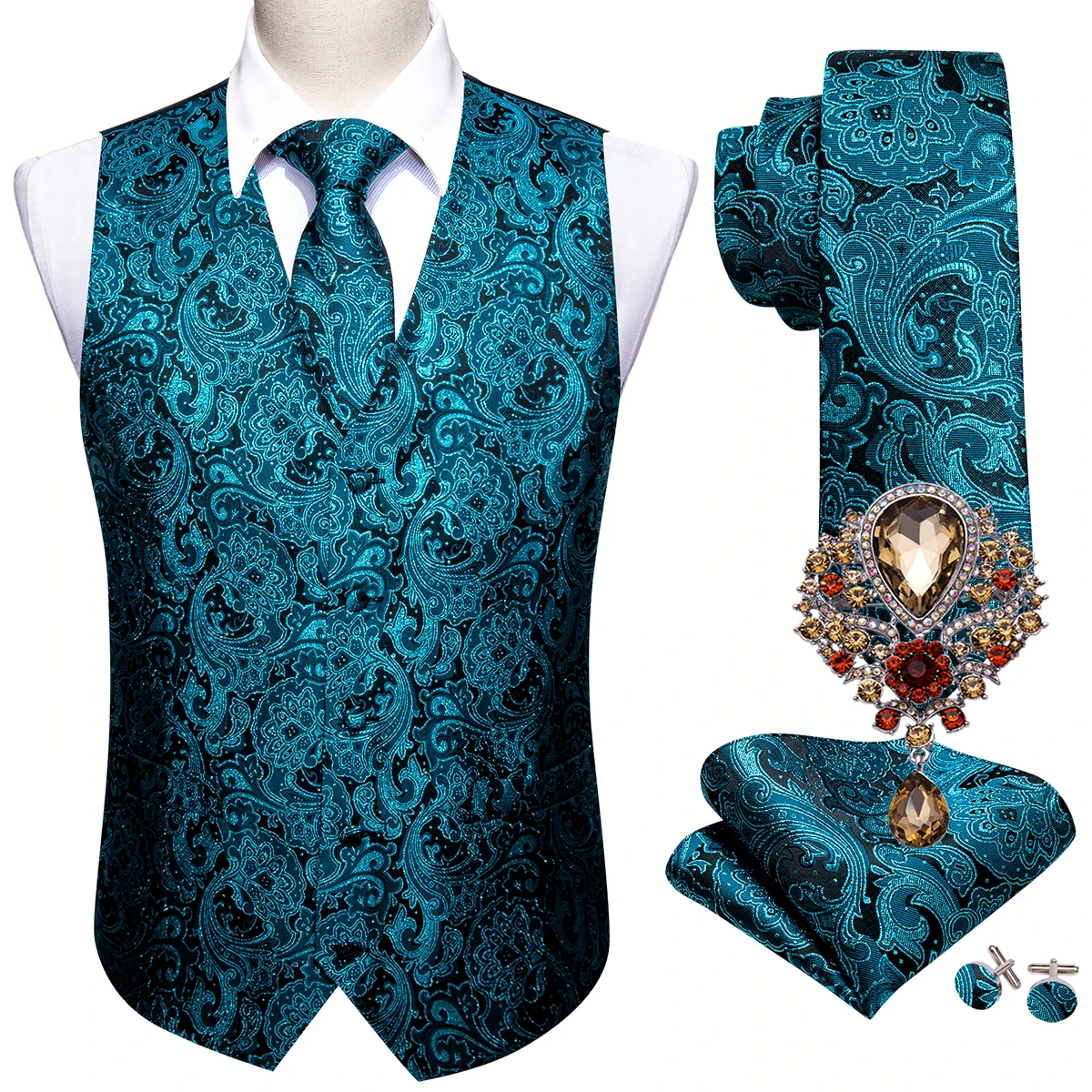 

Mens Vest Teal Blue Green Flower Red Gold Purple Black Silk V-Neck Waistcoat Tie Hanky Brooch Set Wedding Business Barry Wang
