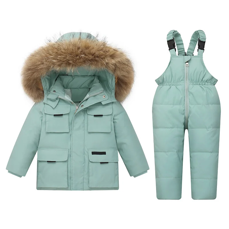 

-30 degrees Winter Kids Snowsuits Girl Duck Down Jackets Coat Boy Parka Real Fur Outerwear Children Warm Overalls Baby Jumpsuit