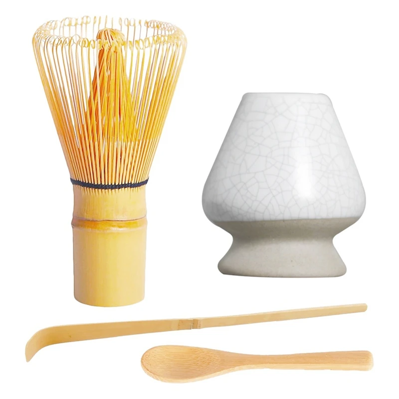 Zestaw Matcha 4 szt. - ręcznie robiona trzepaczka bambusowa (Chasen) i tradycyjna łyżeczka do herbaty ceramiczny uchwyt na trzepaczkę