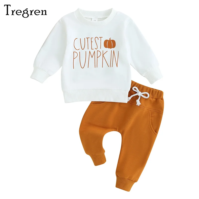 

Tregren 0-3Y Toddler Baby Boys Fall Outfits Halloween Pumpkin Letter Print Long Sleeve Sweatshirt Top and Pants 2Pcs Clothes Set