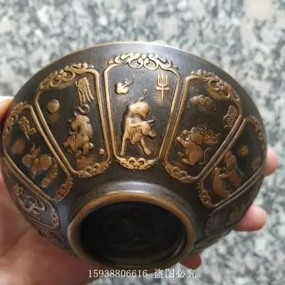 

Exquisite Antique Bronze Relief Chinese Zodiac Bowl Ornament