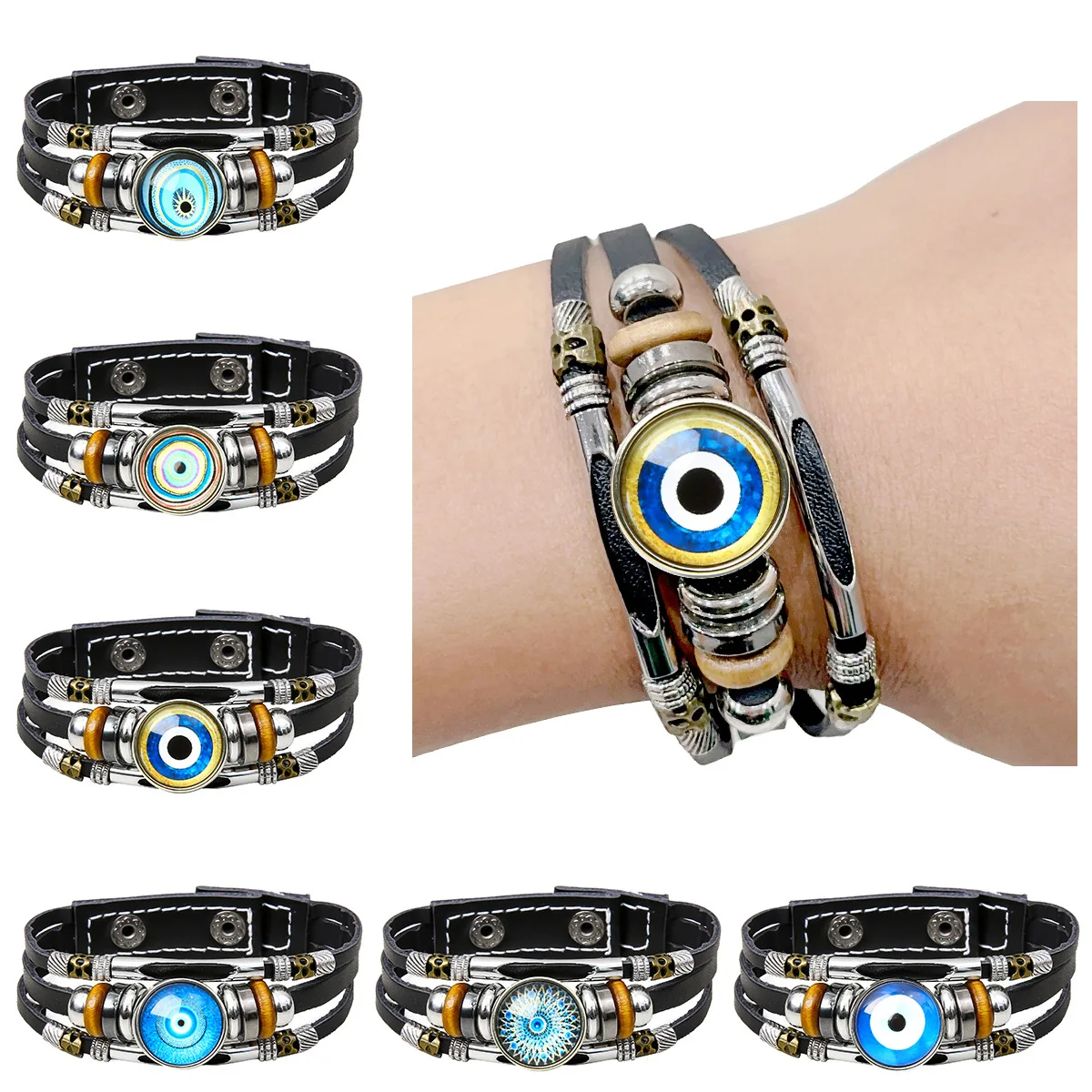 

Blue Turkish Evil Eye Bracelet Amulet Evil Nazar Eye Charm Glass Snap Button Leather Bracelets Evil Eyes Lucky Women Men Jewelry