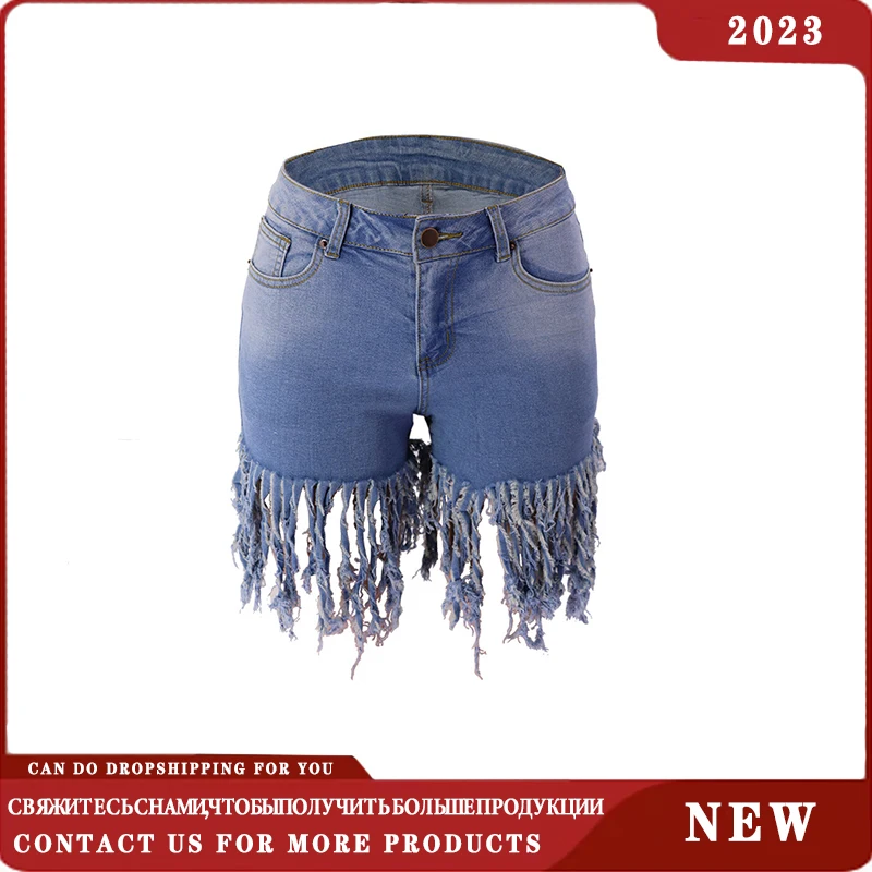 

2023 Summer Women Long Tassel Sanded Denim Shorts Fashion High Stretch Skinny Jeans Shorts Street Hipster Clothing S-2XL