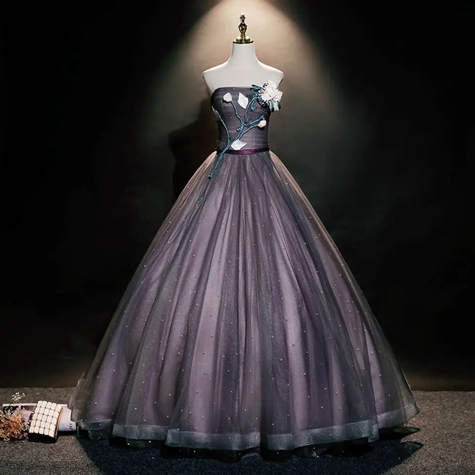 

Новый дизайн, серое Тюлевое бальное платье без бретелек с 3D цветочной аппликацией, официальные вечерние платья, блестящее бальное платье с ...