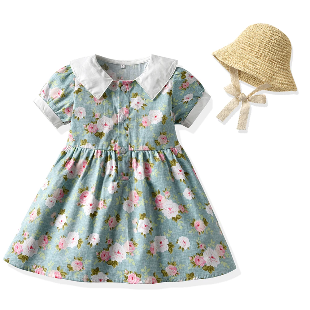 Little Baby Girls Vintage Stylish Short Sleeve Floral Polka Dots Printed Dress And Straw Hat 2pcs Causual Party Clothes Set