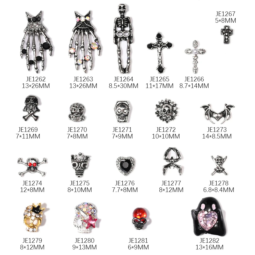 10 SZTUK Gothic Punk Alloy 3D Nail Art Charms Heart Skeleton Cross Spider Design For Halloween Nails Decoration