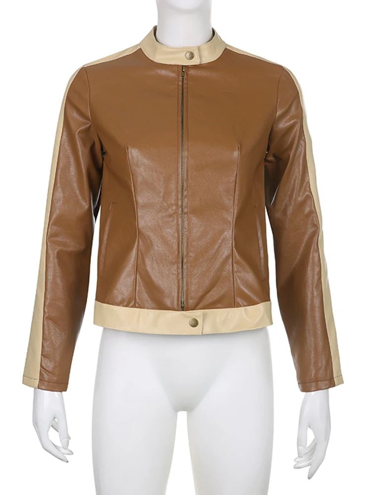 YIKUO Brown Faux Leather Zip Up Coats Women Contrast Patchwork Full Sleeve Bomber Racing Jackets Vintage Street Style Outwear