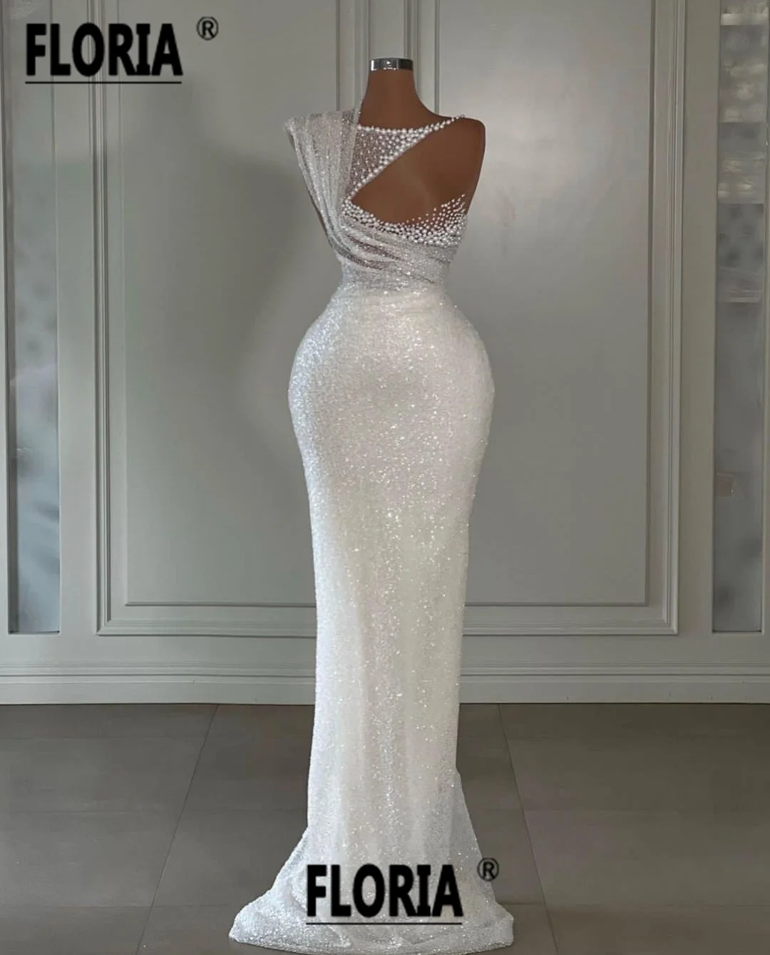 

Женское вечернее платье-русалка без рукавов, Белое Прозрачное платье с жемчугом, украшенное бусинами, для свадебной вечеринки, 2023