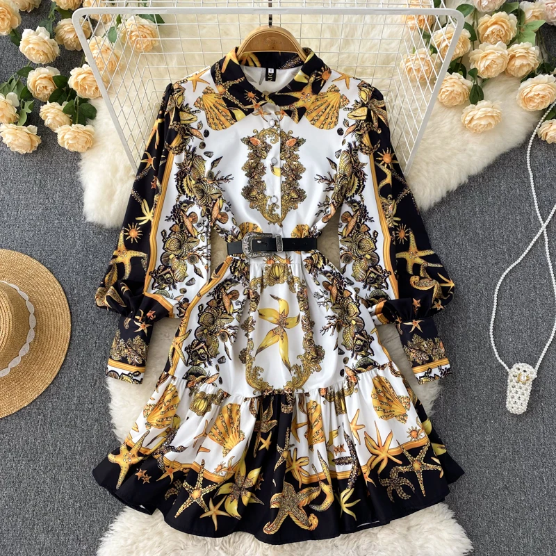 

Женское винтажное платье до колена, платье с длинным рукавом-фонариком и отложным воротником, ТРАПЕЦИЕВИДНОЕ ПЛАТЬЕ с принтом, весна-лето