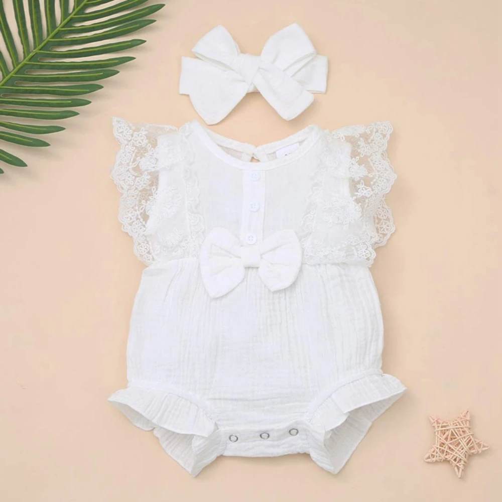 

ETOSELL Кружевные Гофрированные Рукава принцессы Новорожденные наряды 0-18 месяцев Детские Девочки комбинезон + повязка на голову милые Младенц...