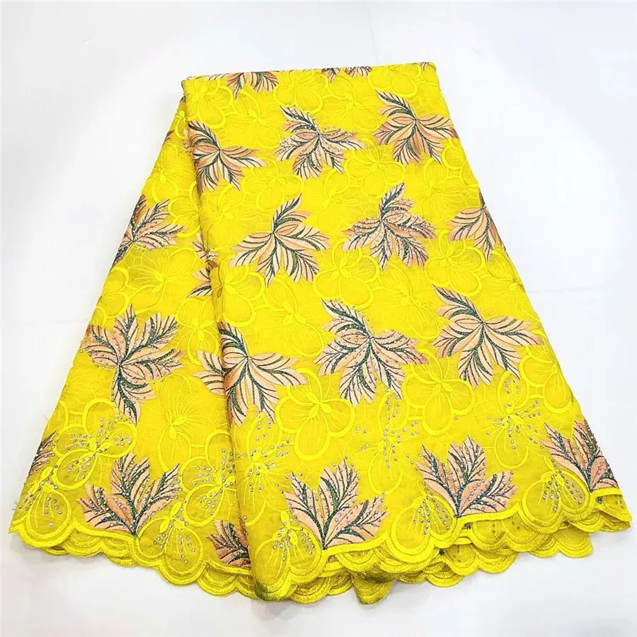 

Yellow African Cotton Fabric Swiss Voile Lace Material High Quality Nigerian Embroidery Cloth Tissu Brode Coton Africain AC16