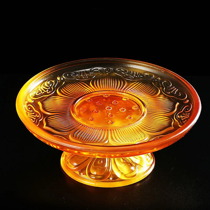 

17.5cm Yellow Big Resin Buddhist Tibetan Lotus Base Eight Auspicious Symbol Decorate Sacrificed Fruit Putting Plate Craft