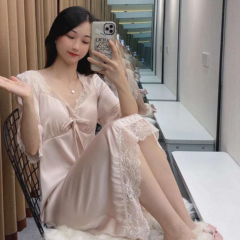 

Spring Summer Ladies Sexy Bow Half Sleeve Silk Lace Retro Long Pink Nightdress Dress with Chest Pad