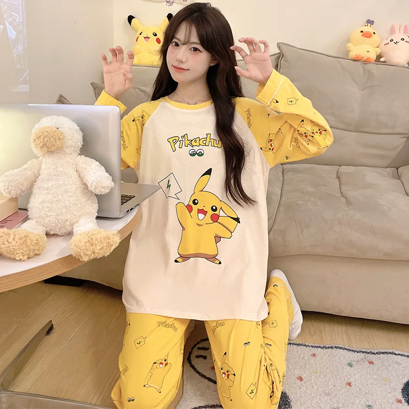 Новый хлопковый пуловер с круглым вырезом Покемона Пикачу женские пижамы на