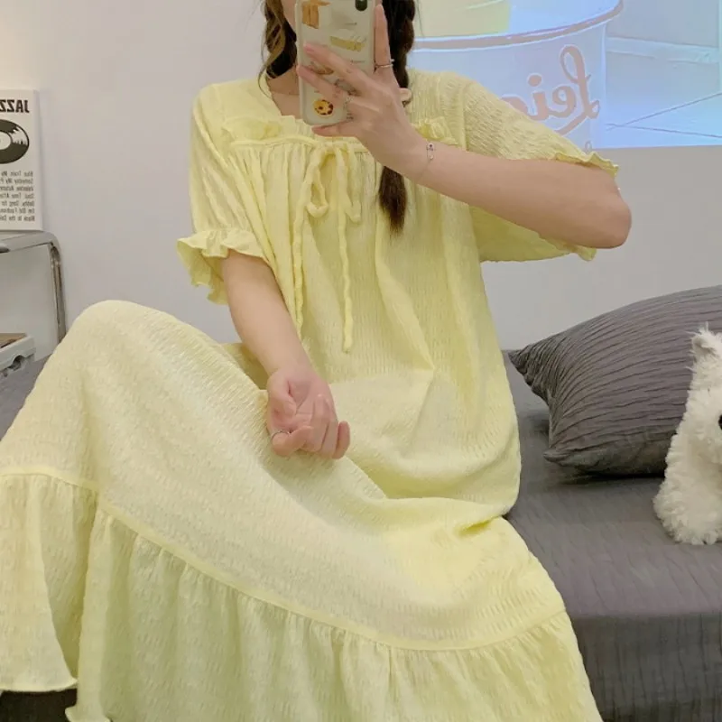 Cotton Plus Size Girl's Summer Sweets Costume New In Lady's Dress 2023 Long Length Print One-Piece Skirt Short Sleeve Nightdress