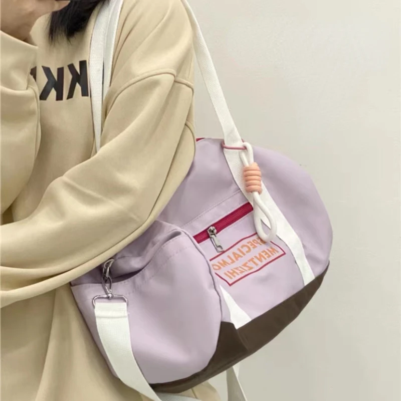 Xiuya Large Capacity Gym Shoulder Bag for Women Macaron Color Letter Nylon Sports Travel Handbag Lightweight Multifunctional Bag
